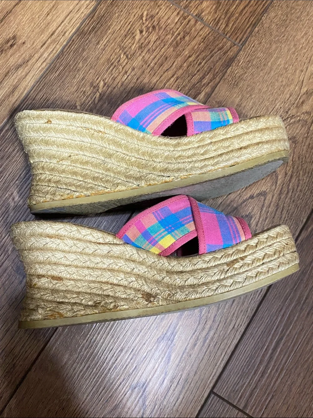Vintage 90s Y2K Bongo Plaid Wedge Sandals Platform Espadrille